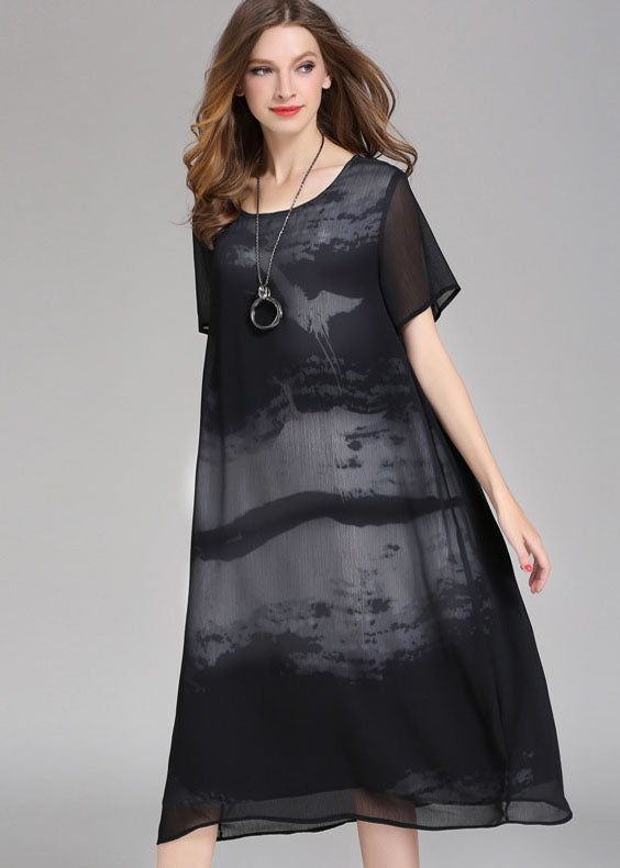 Abstract Brushstroke Print Short Sleeve Sheer Chiffon Shift Midi Dress