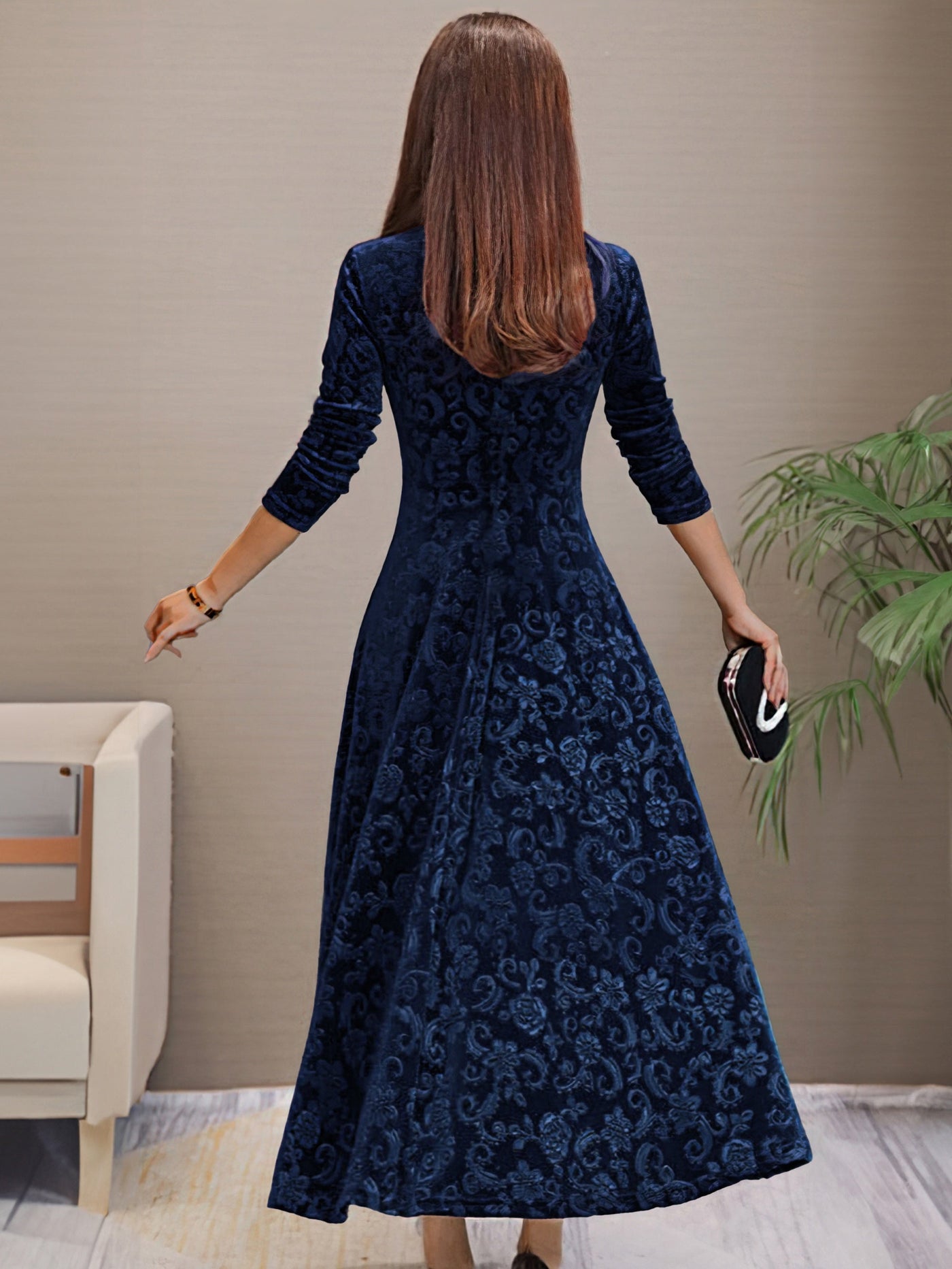 Floral Velvet V-Neck Long Sleeve Fit and Flare Midi Dress 13