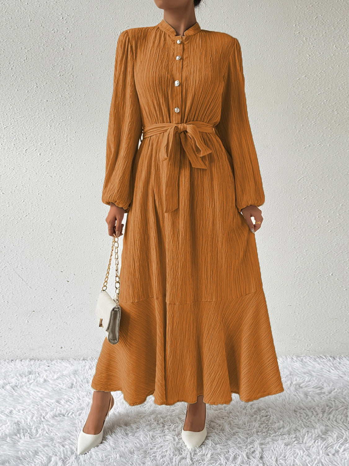 Plisse Mandarin Collar Button Front Bishop Sleeve Tie Waist Tiered Maxi Dress