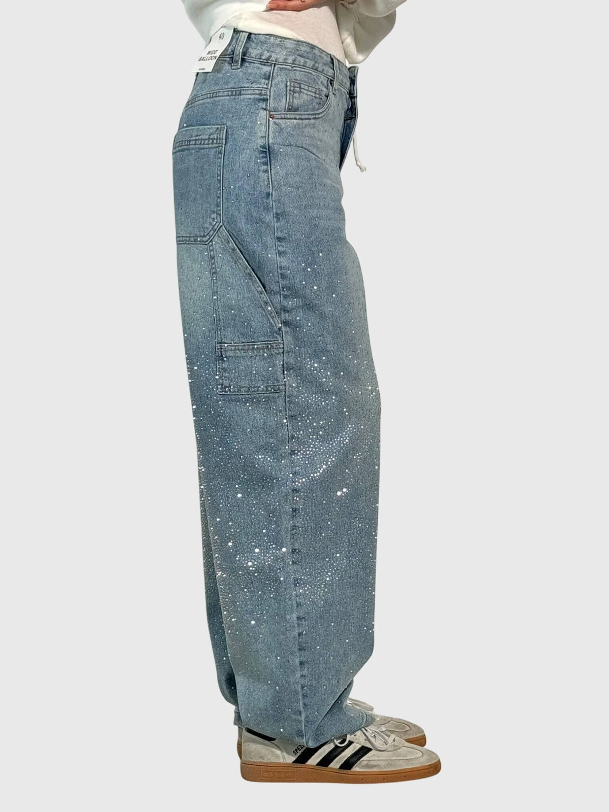 Rhinestone Embellished Wide Leg Cargo Jeans
