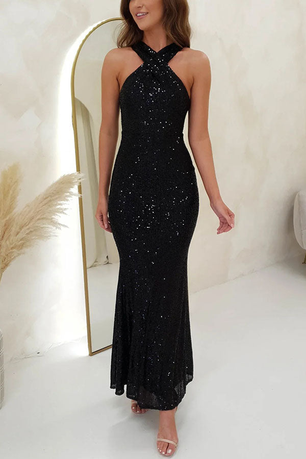 Sequin Cross Halter Neck Backless Mermaid Maxi Dress
