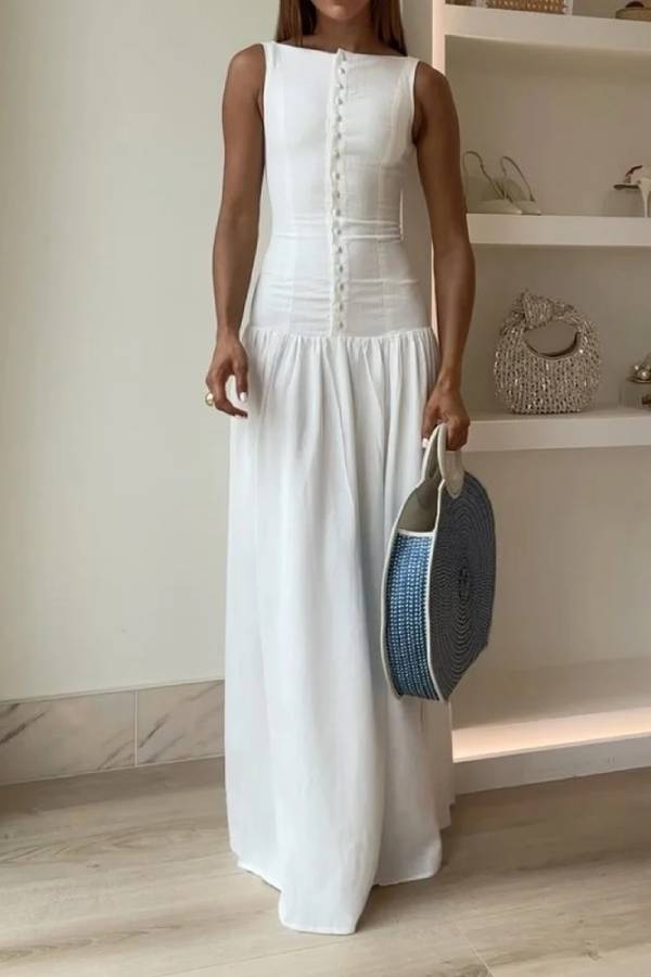 Sleeveless Boat Neck Button Down Drop Waist Gathered Maxi Dress