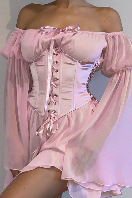 Off Shoulder Chiffon Flare Sleeve Mini Dress and Lace Up Satin Corset Two Piece Set