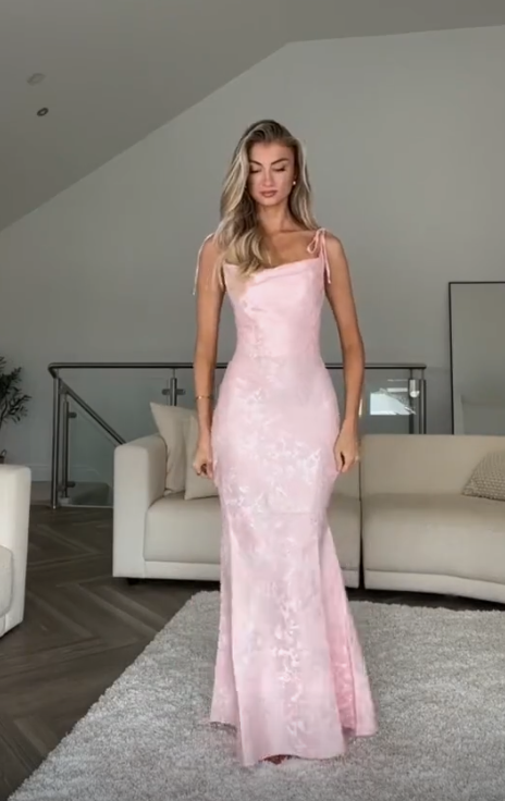 Pretty Straps Floral Print Prom Evening Gown Pink Mermaid Party Dress cc1611