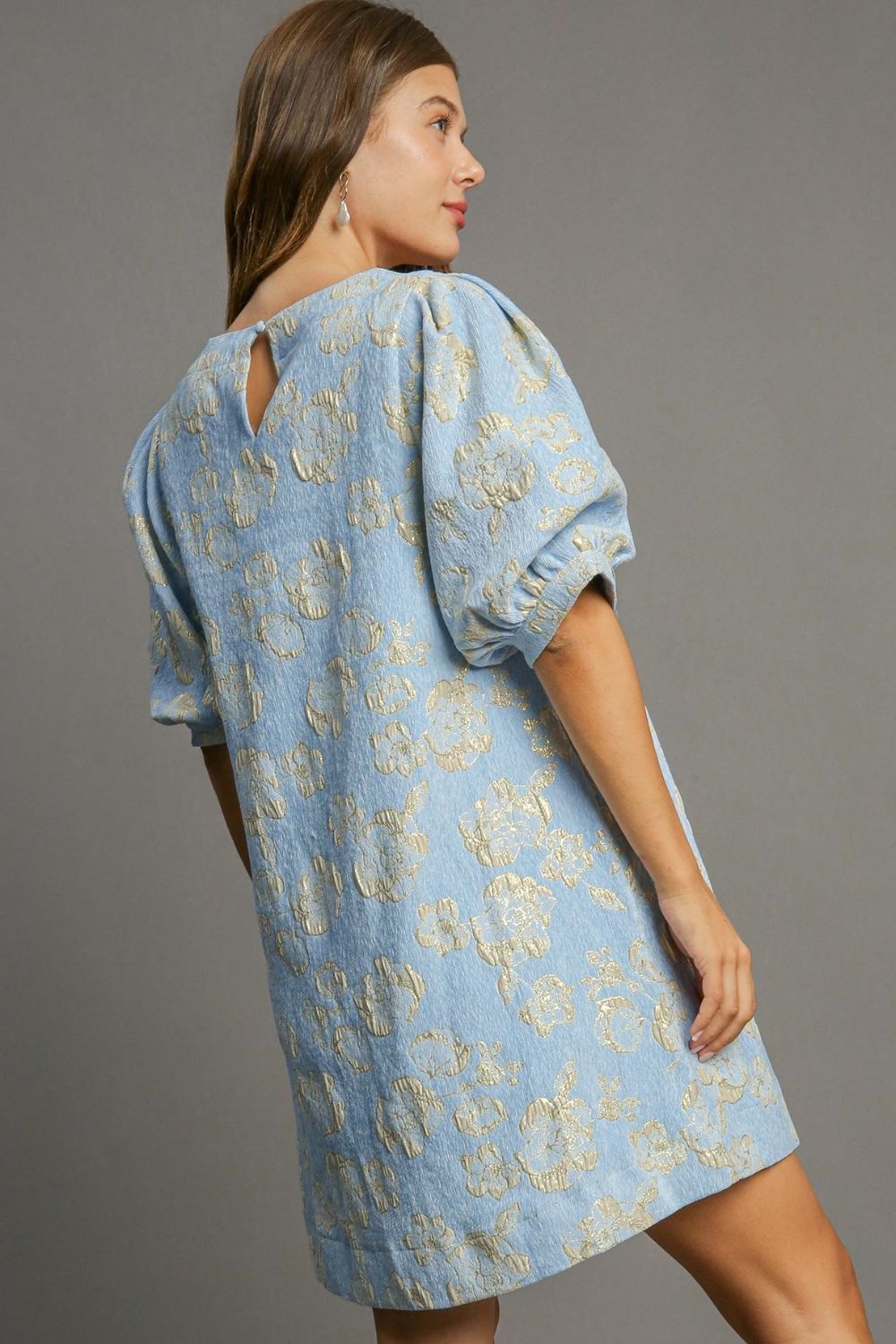 Floral Jacquard Puff Sleeve Mini Dress - View 2