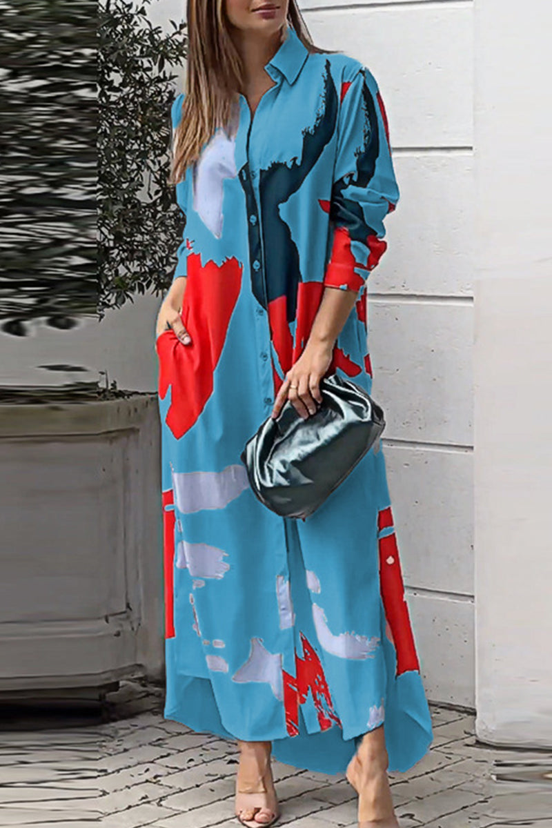 Collared Button Front Long Sleeve Pocket Slit Maxi Shirt Dress
