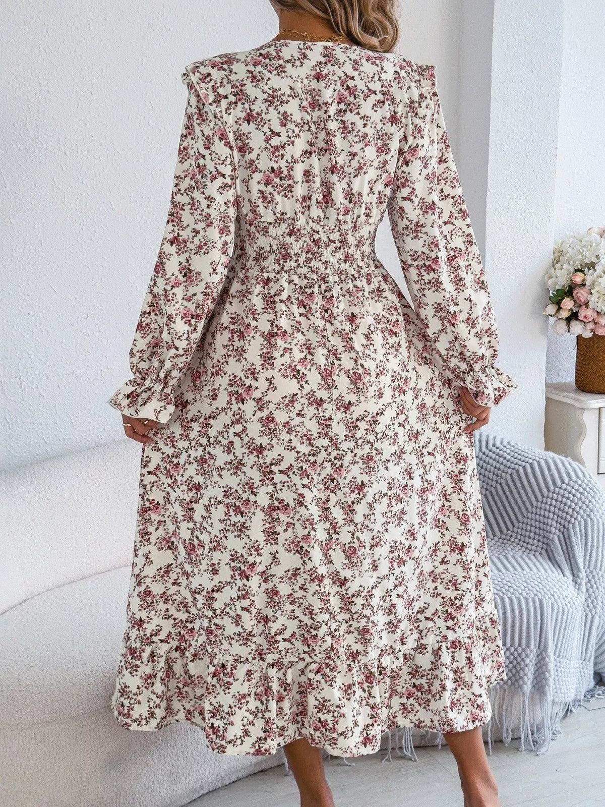 Floral Print Surplice V-Neck Ruffle Shoulder Smocked Waist Tiered Midi Dress 3