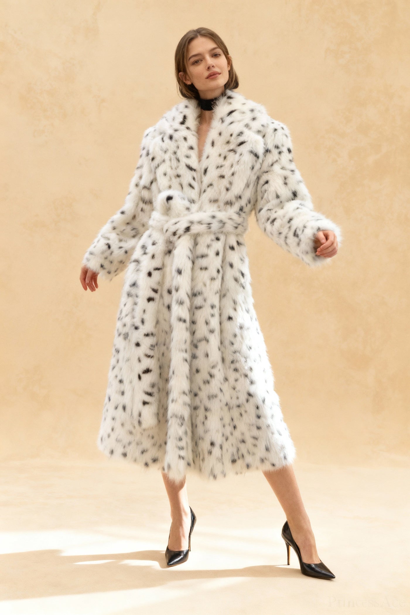 leopard print Warm Faux Fox Fur Notched Collar Loose Overcoat