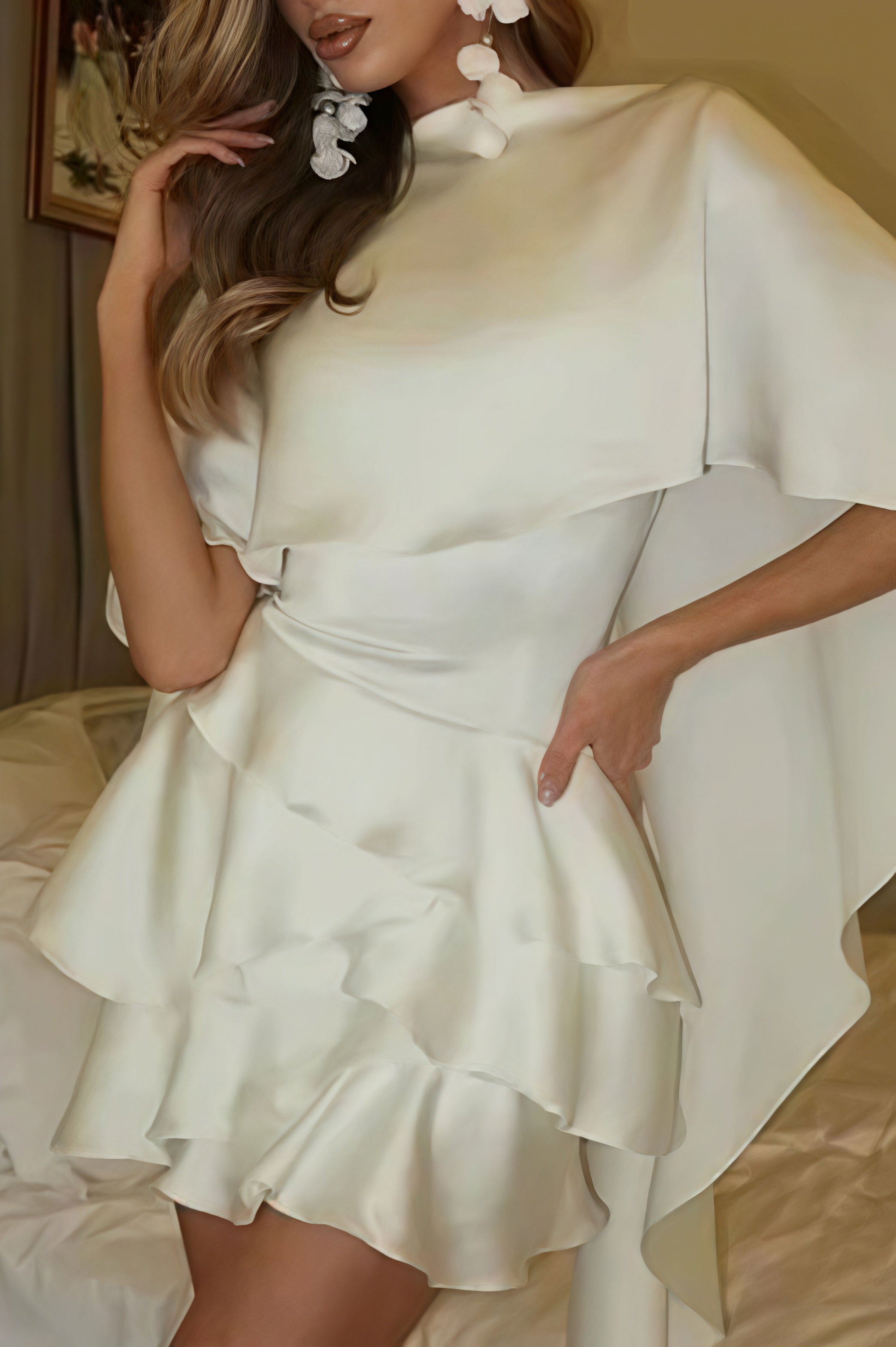Satin Cape Ruffle Hem Mini Dress