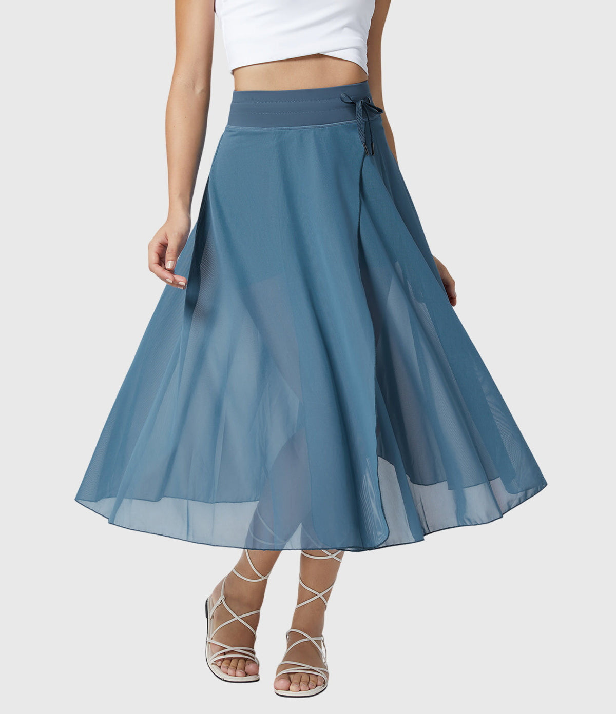 High Waist Drawstring Front Slit A-Line Midi Skirt