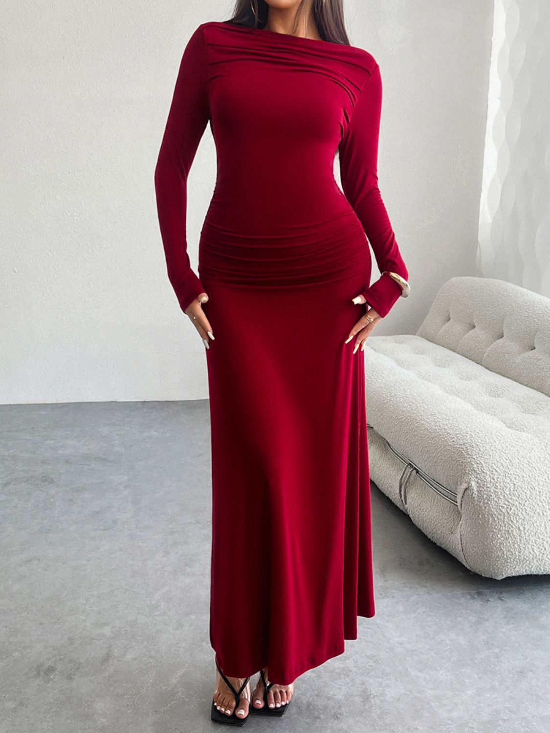 Ruched Boat Neck Long Sleeve Bodycon Maxi Dress