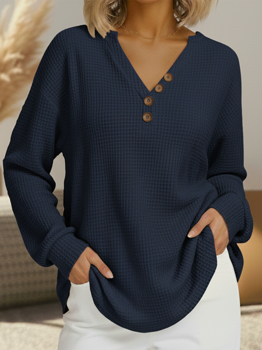 Waffle Knit V-Neck Button Front Long Sleeve Top