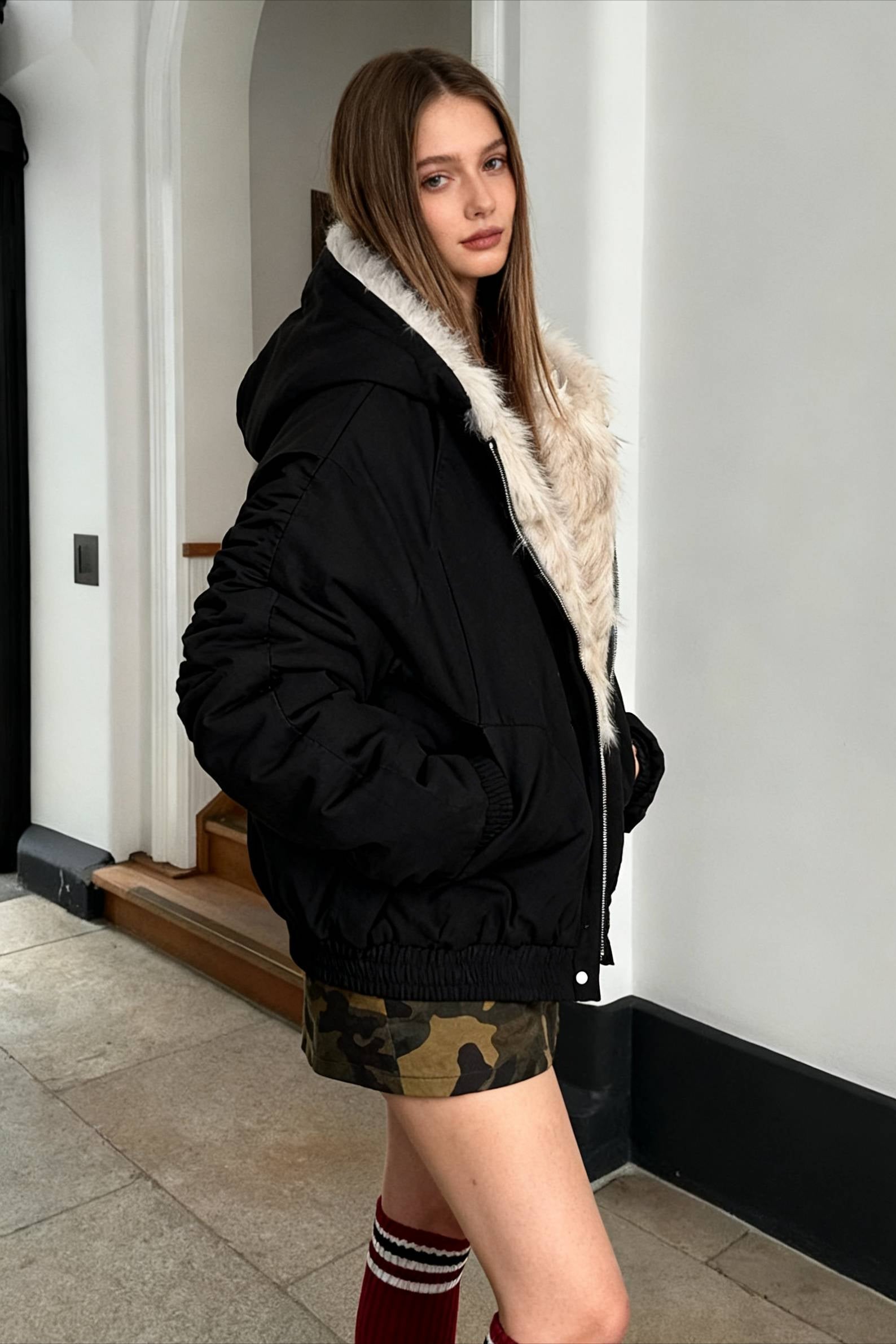 Fur-Lined Oversized Bomber Jacket