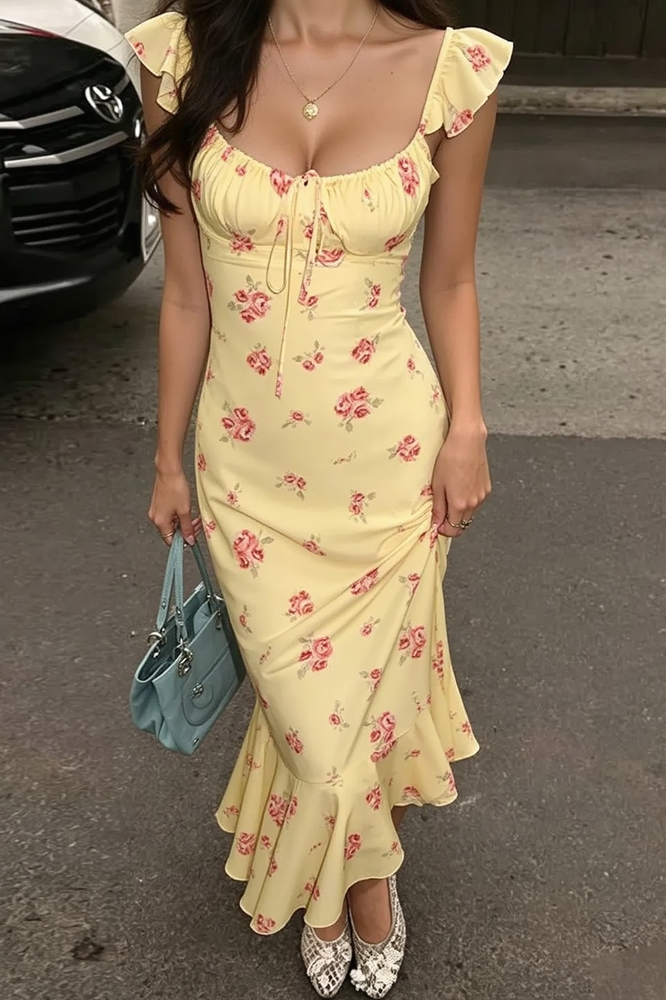 Flutter Sleeve Square Neck Floral Slip Dress