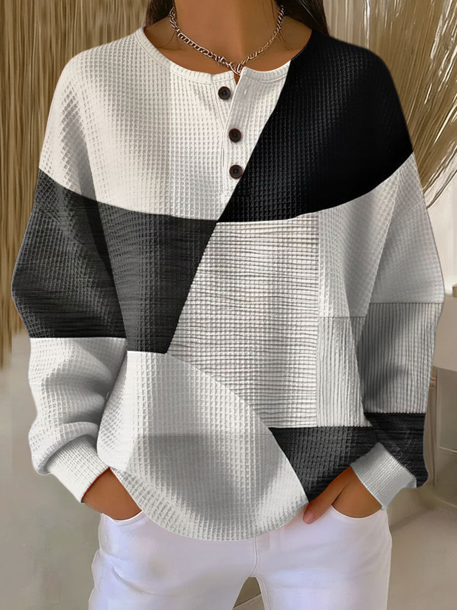 Geometric Crew Neck Button Placket Waffle Knit Sweater