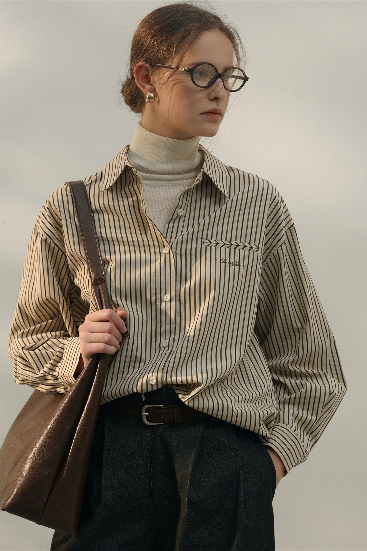 Striped Collared Long Sleeve Chest Pocket Oversized Shirt