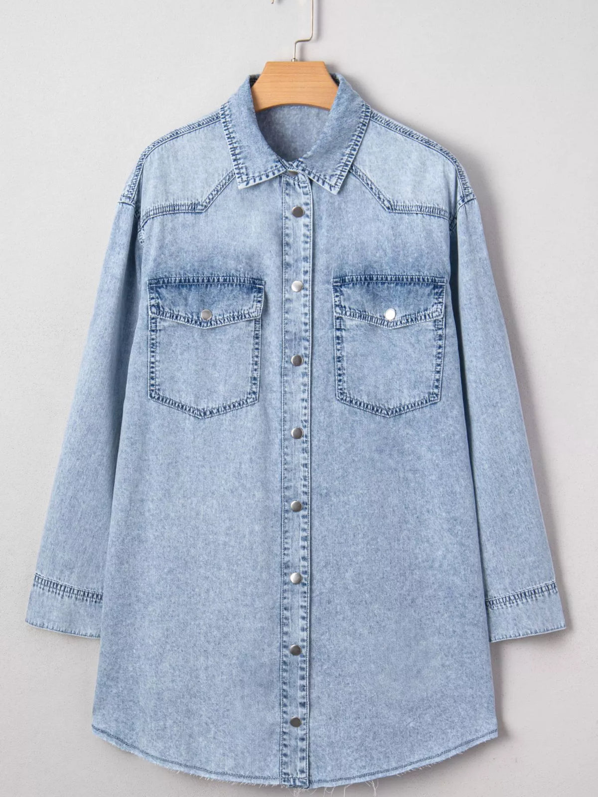 Denim-Look Snap Button Chest Pocket Raw Hem Oversized Shirt Dress 4