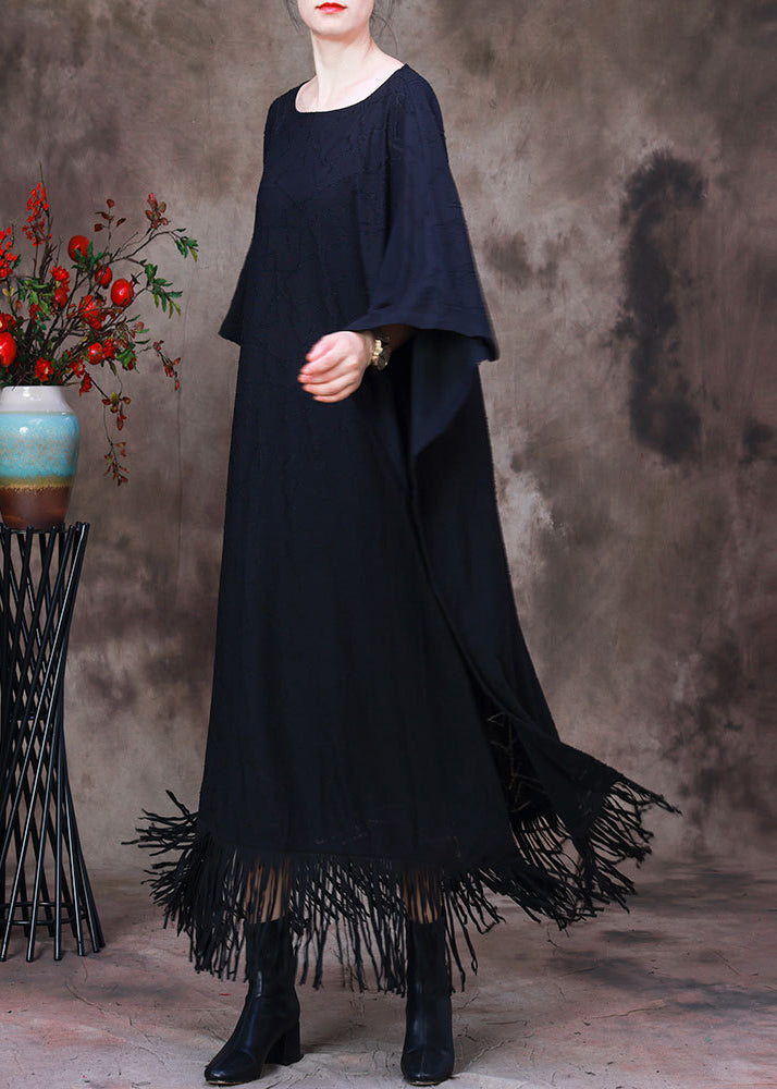 Mesh Geometric Fringe Hem Batwing Sleeve Kaftan Maxi Dress