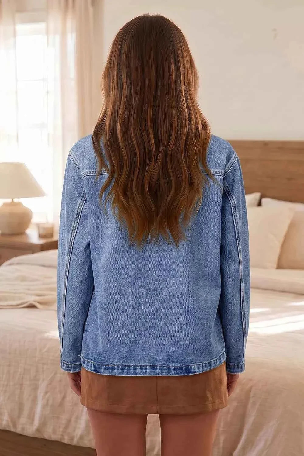 Patchwork Leather Collar Long Sleeve Denim Jacket
