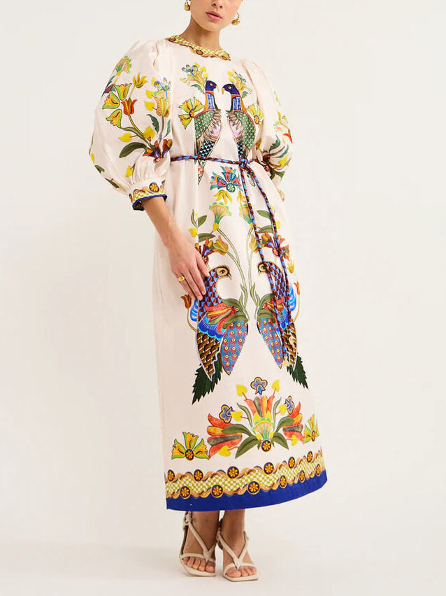 Exquisite And Fun Printed Puff Trendy Sleeves Loose Midi Dress
