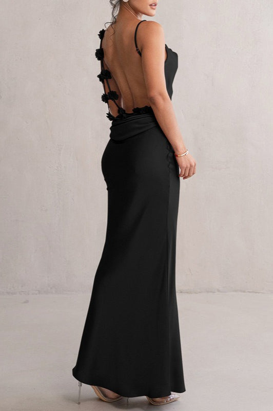 Satin Cowl Neck Spaghetti Strap Bias Cut Bodycon Maxi Dress