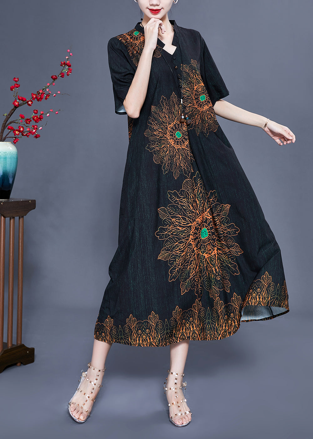 Floral Print Mandarin Collar V-Neck Short Sleeve Pocket A-Line Midi Dress