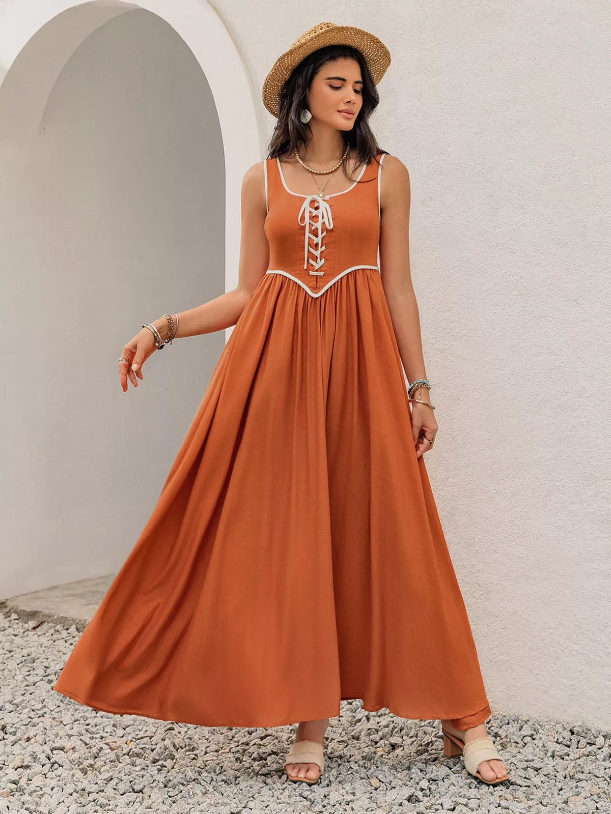 Contrast Trim Lace Up Front Sleeveless Pleated Maxi Tank Dress 4