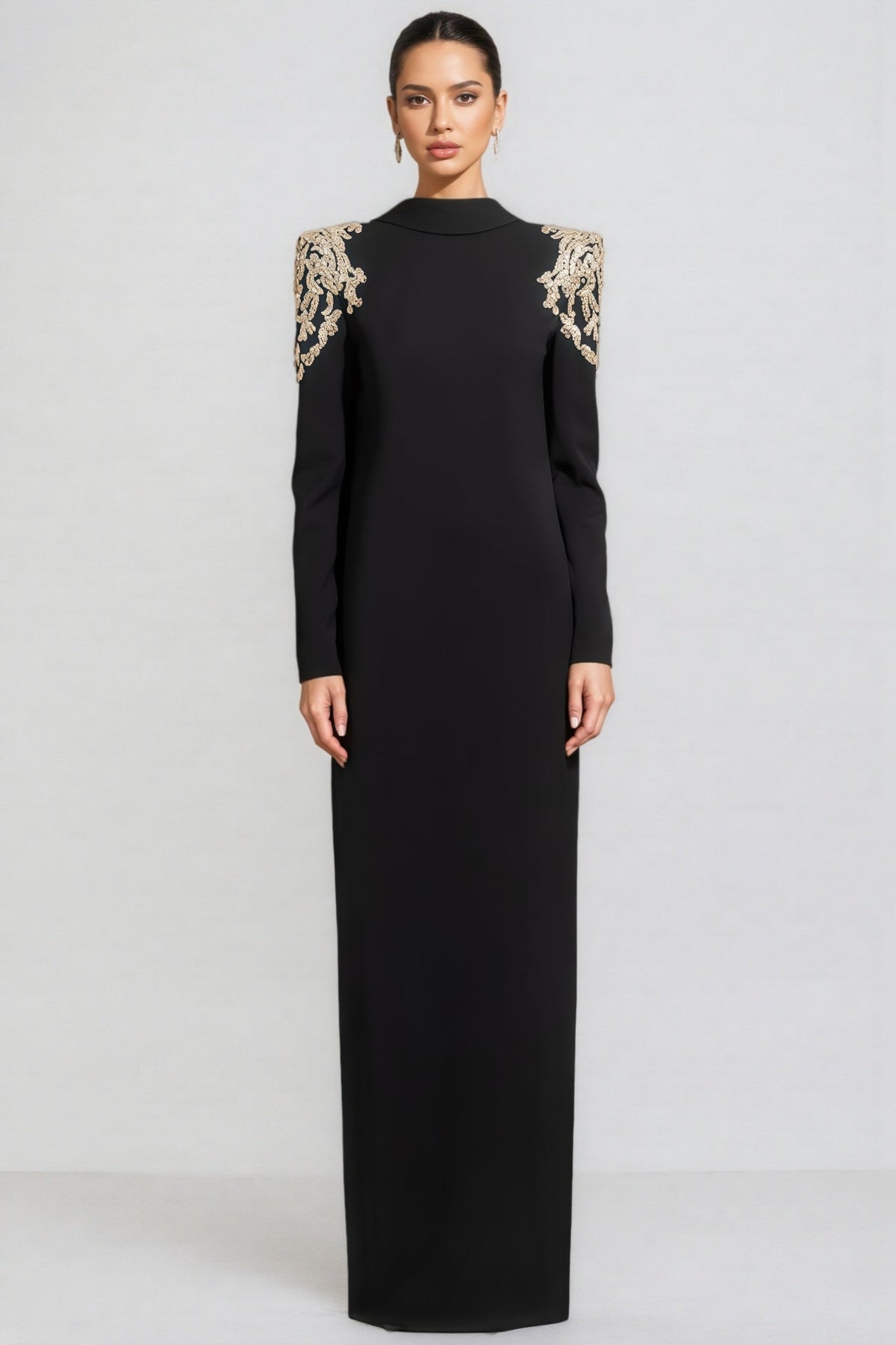 Beaded Shoulder Mock Neck Long Sleeve Column Maxi Gown