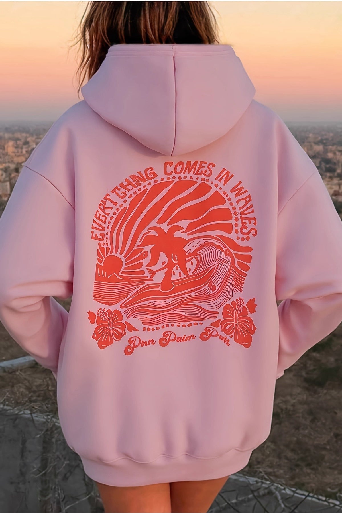 Wave and Palm Tree Back Graphic Print Oversized Pullover Hoodie
