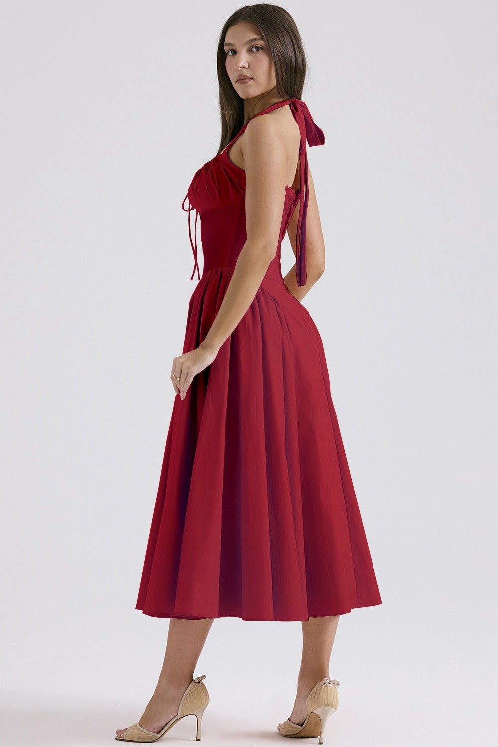 Halter Neck Ruched Corset Fit and Flare Midi Dress