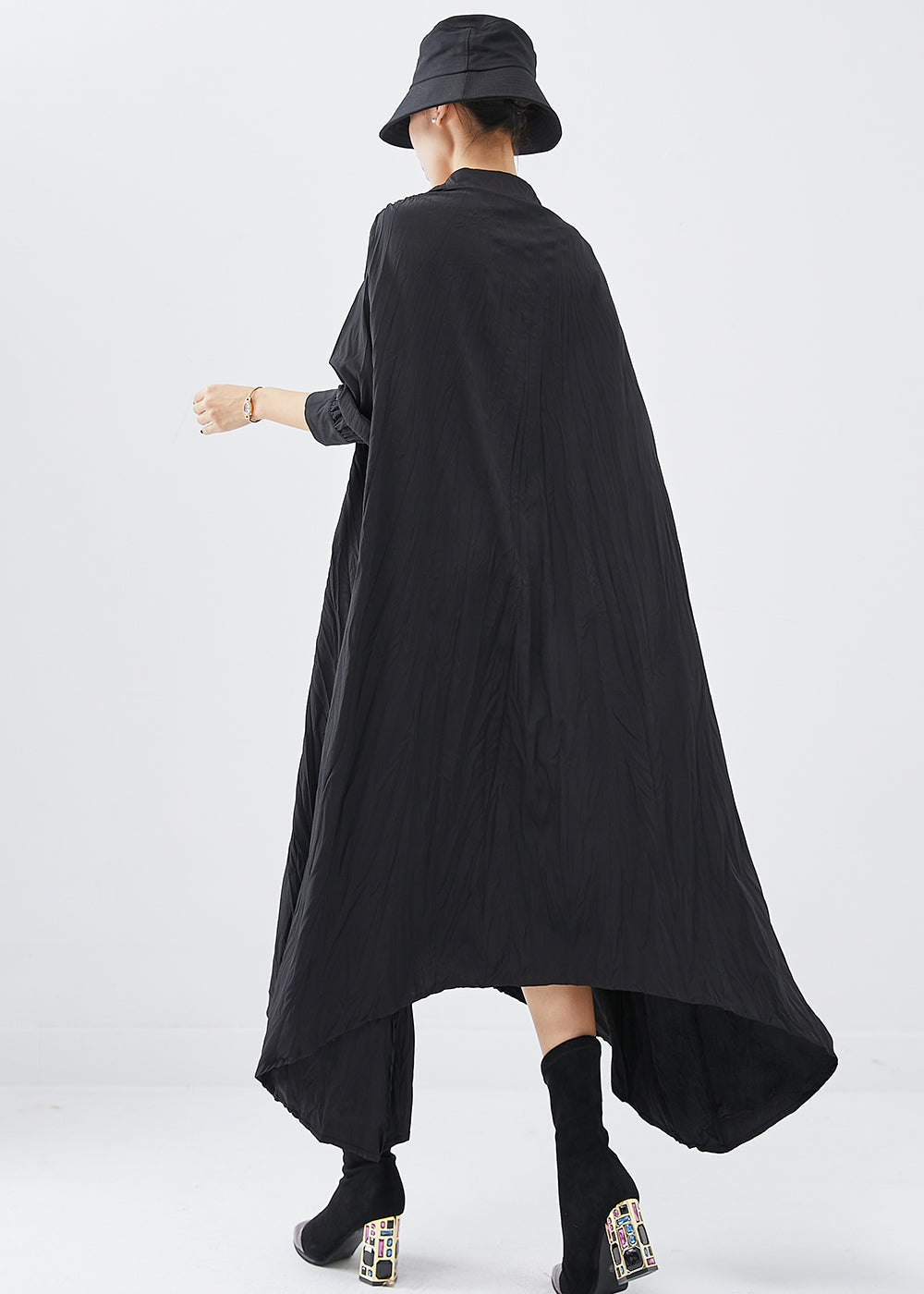 Crinkle Texture Collar Button Down Long Sleeve Asymmetrical Hem Shirt Dress