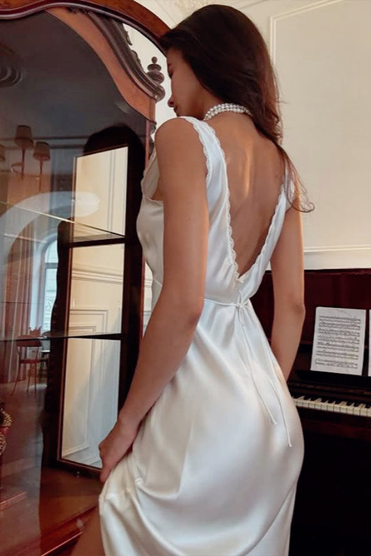 Satin V-Neck Lace Trim Slip Midi Dress - View 3