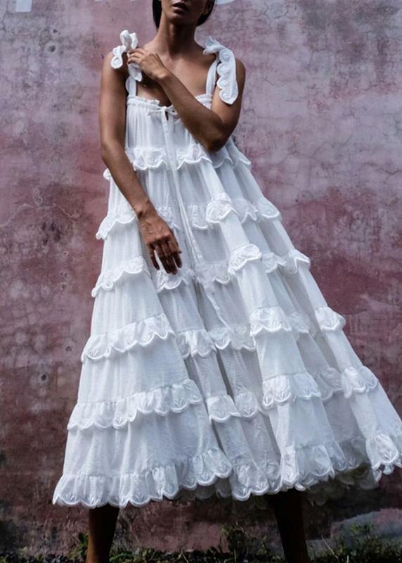 Spaghetti Strap Tiered Ruffle Scallop Embroidered Low Back Maxi Dress