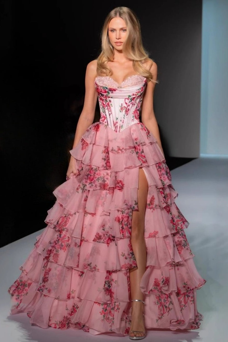 Floral Strapless Sweetheart Corset Tiered Ruffle High Split Gown