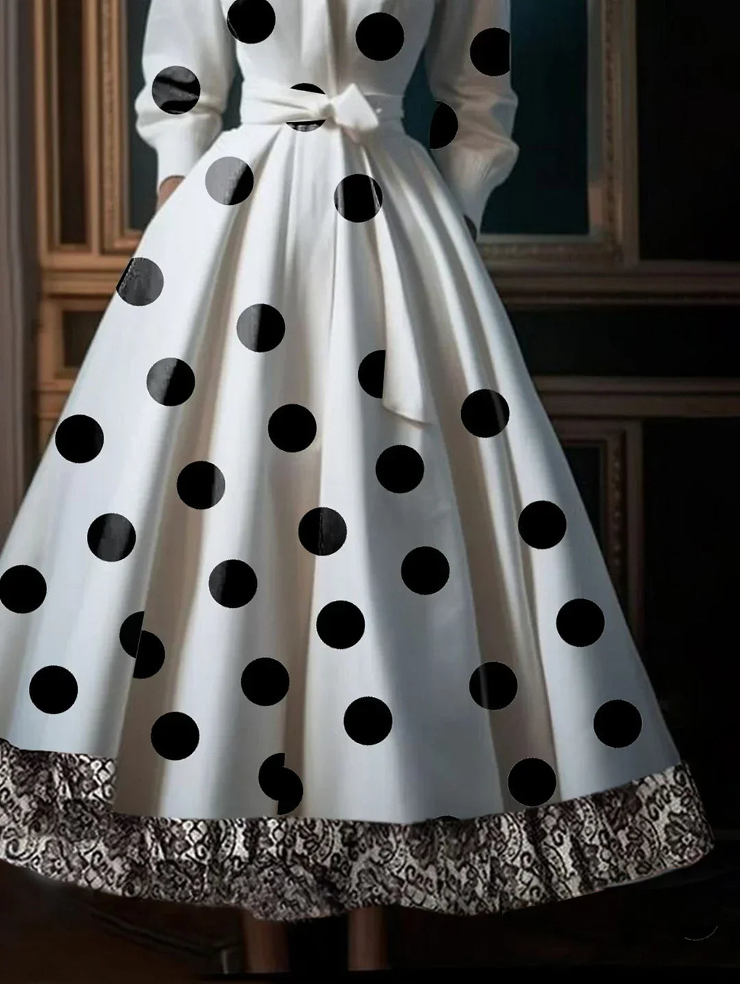 Polka Dot Lace Patchwork Belt Pocket Midi Dress - View 3