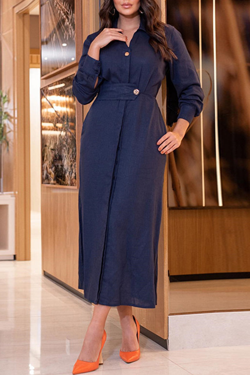 Collared Button Front Waistband High Split Long Sleeve Linen Maxi Dress