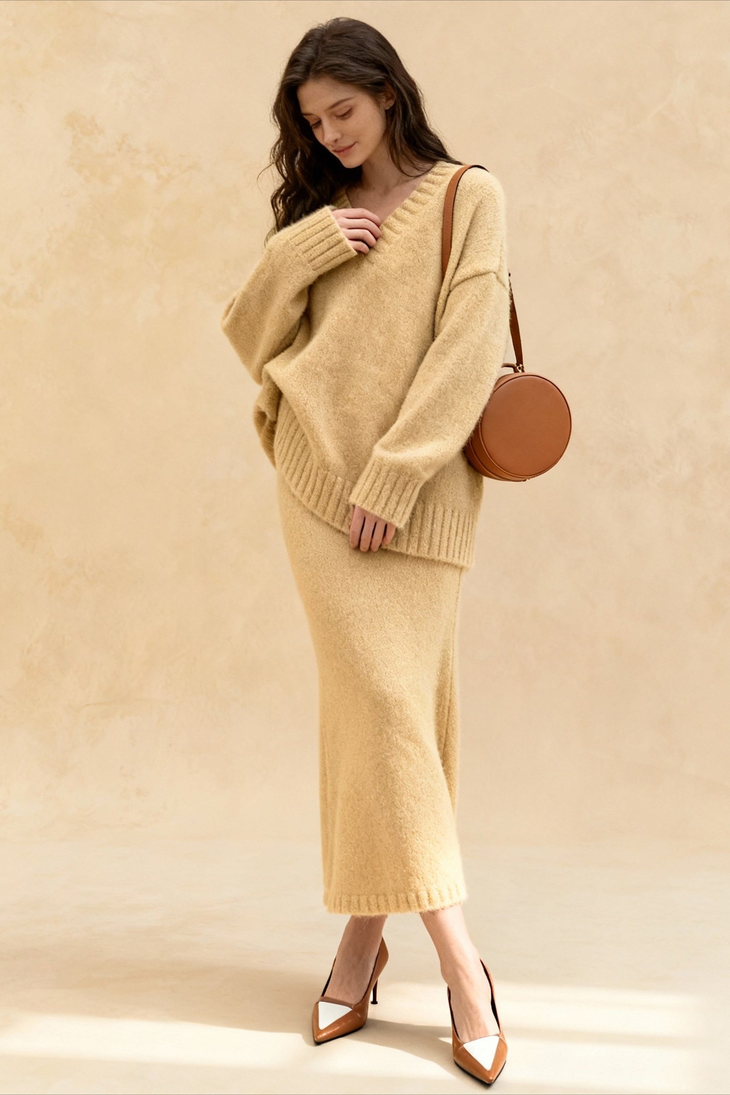 Lazy V-neck Knit Sweater Mermaid Skirt Two Piece Set