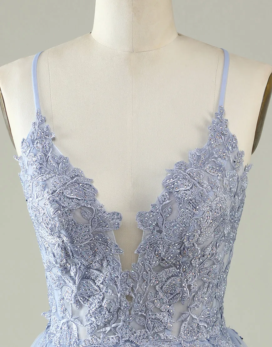 Spaghetti Straps Tulle Appliques Short Backless Prom Dress Party Dress cc1778