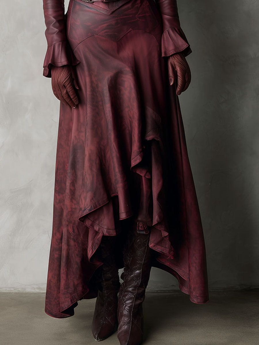 High-Low Burgundy Eco Leather Long Coat Dress With Buckle Corset Waist