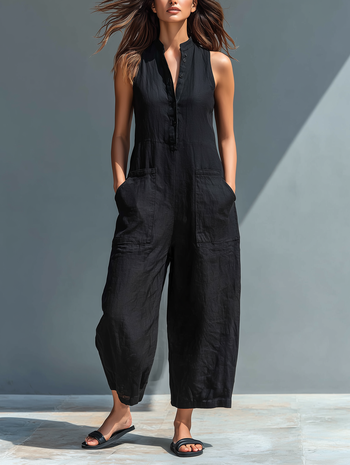 Sleeveless Button Front Pocket Wide Leg Jumpsuit