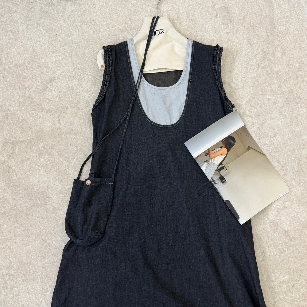 Faux Two Piece Denim Sleeveless Ruffle Trim A-Line Midi Dress 3