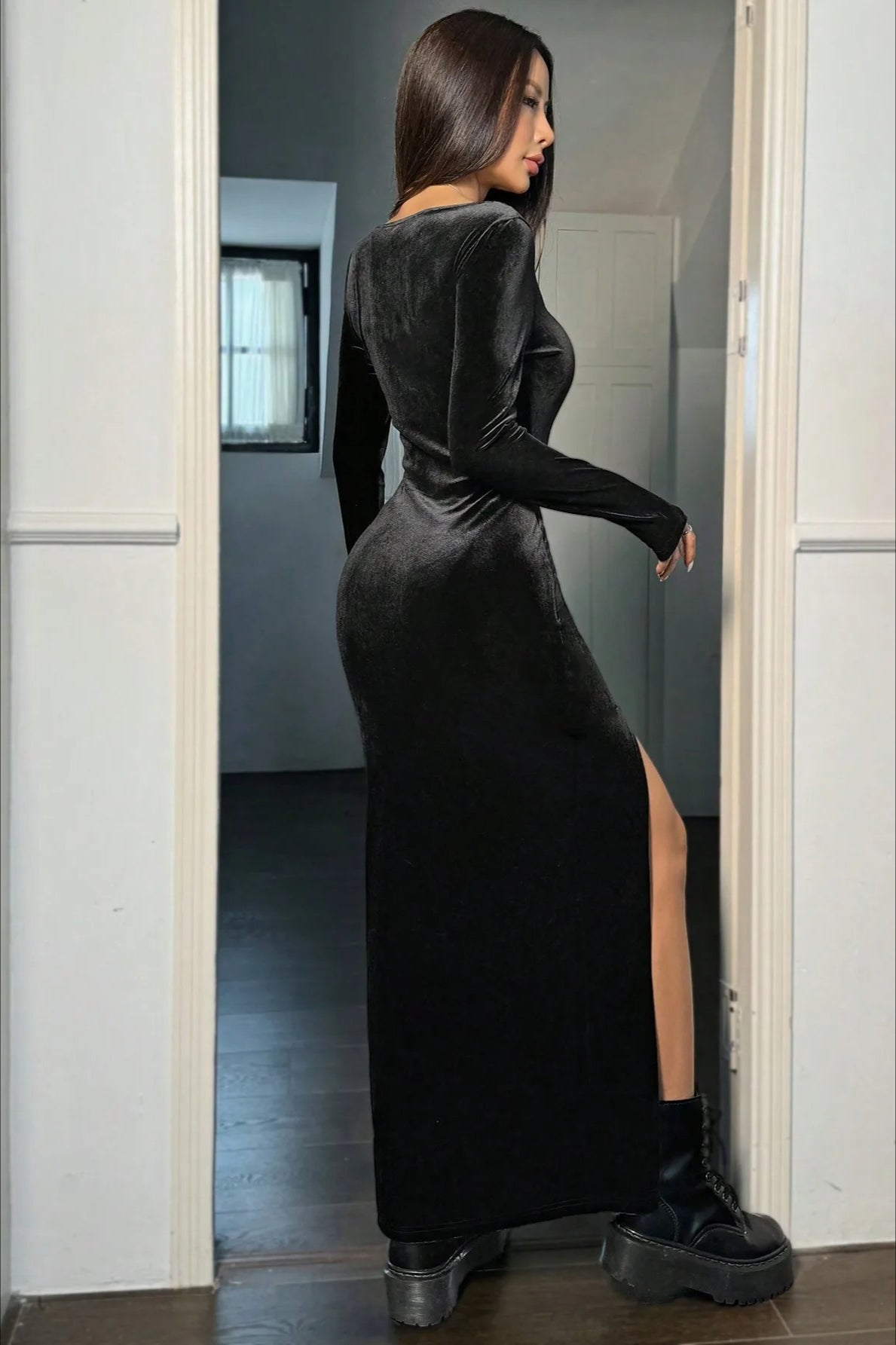 High Waist Split Velvet Maxi Dress - View 4