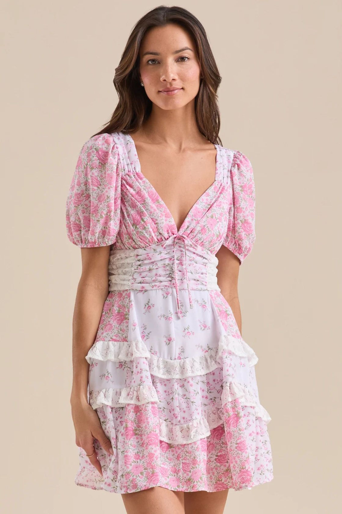 Floral Sweetheart Puff Sleeve Tiered Lace Trim Mini Dress