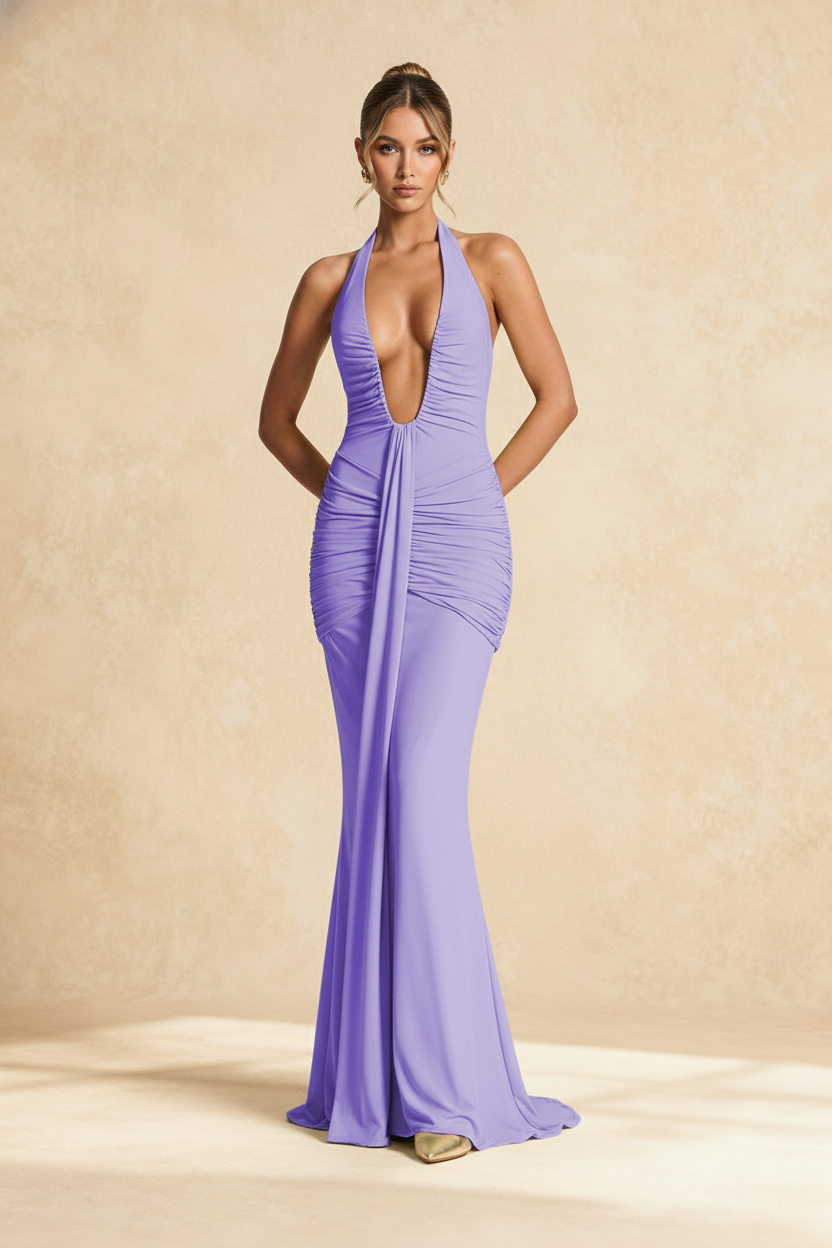 Halter Neck Deep V-Neck Ruched Drape Front Mermaid Gown