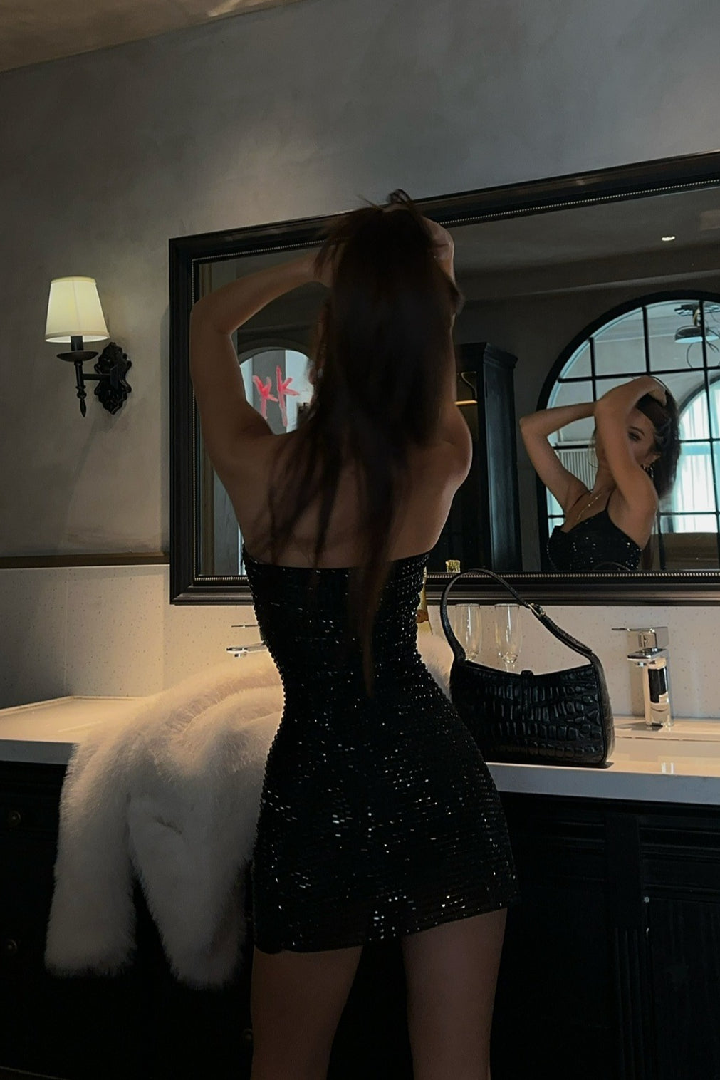 Rhinestone Spaghetti Strap Backless Bodycon Mini Dress