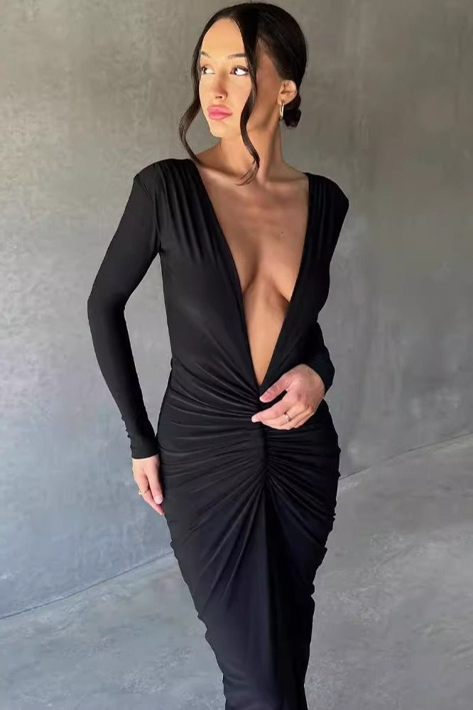 Deep V-Neck Long Sleeve Ruched Twist Front Bodycon Maxi Dress