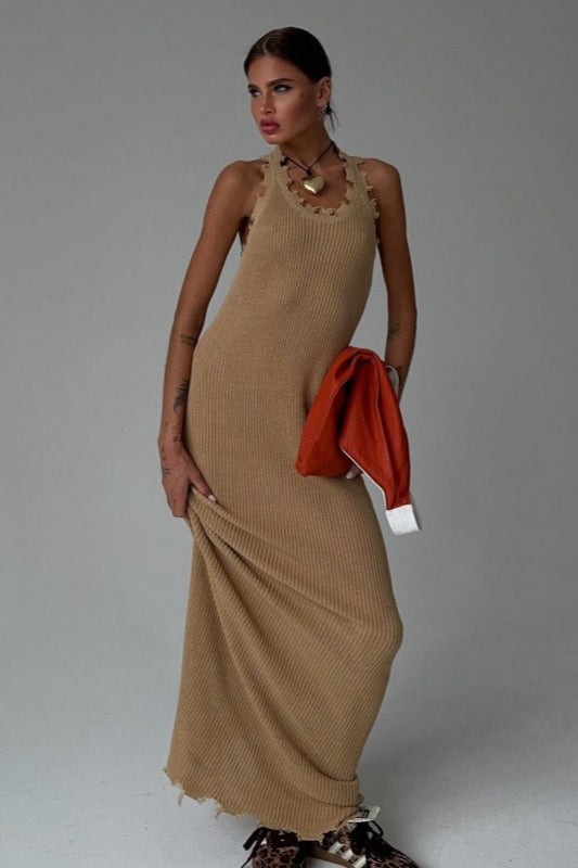 Distressed Shaped Tank Top Knit Bodycon Maxi Sweater Dress
