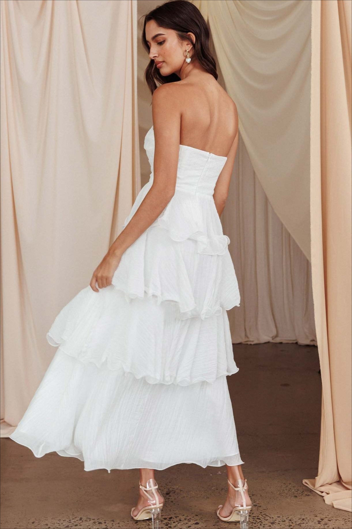 Strapless Tiered Ruffle Fit and Flare Midi Dress