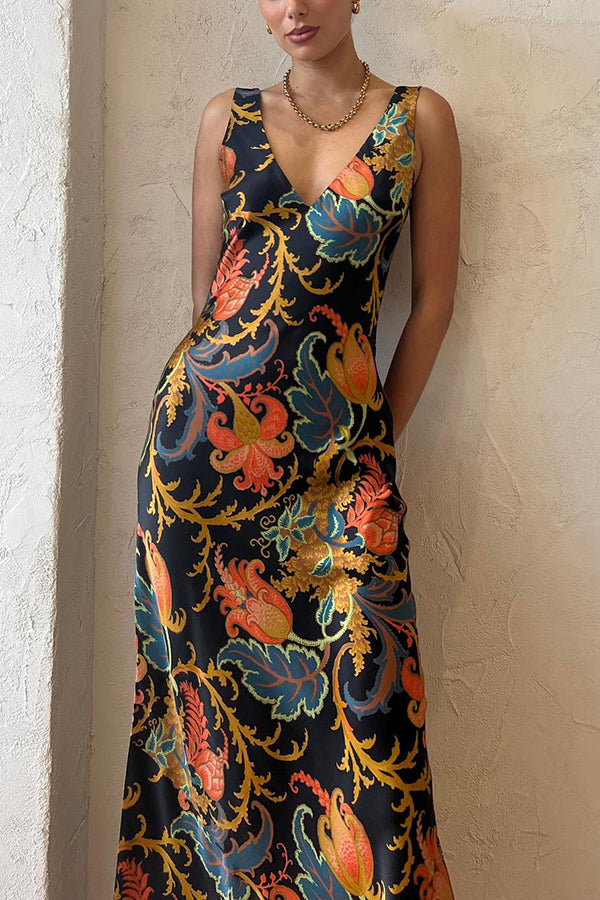 Forever Mine Satin Exclusive Botanical Print Slip Maxi Dress - View 2
