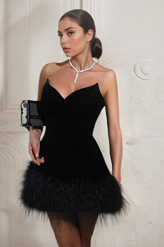 Velvet Strapless Sweetheart Faux Fur Feather Hem Mini Party Dress
